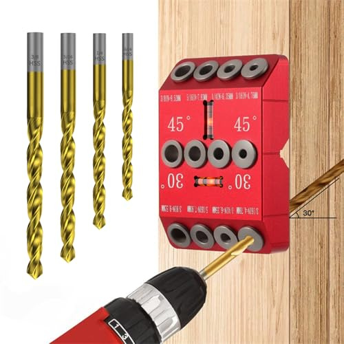 30 45 90 Degree Angle Drill Guide Jig for Hand Drill, Angle Drill Guide for Straight Holes and Angle Drilling, used for Stairs Handrails, Cable Railings, Decks, and Wood Posts Level design,with 4 Bits
