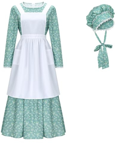 Funhoo Femme Victorienne Costume de Servante Robe à Fleurs Pionnière avec Bonnet et Tablier Vêtements Modestes Robe Coloniale des Prairies Manches Longues (Vert, L)