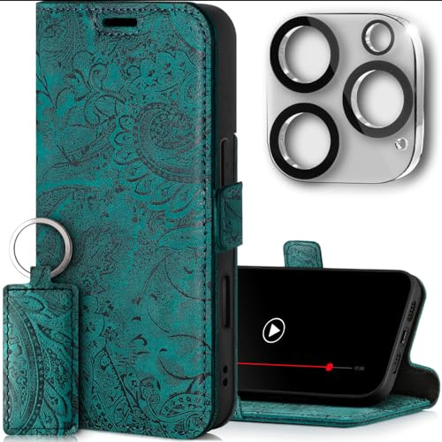 SURAZO Slim Magnet Handyhülle für Apple iPhone 16 Pro Hülle Leder - Klappbar Echtleder Schutzhülle [Kartenfach, RFID Schutz, Kameraschutz] [Muster] Klapphülle Wallet Case Cover Lederhülle (Türkis)