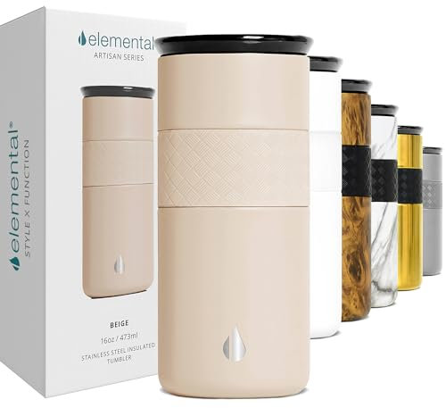 Elemental Artisan Triple Wall Insulated Tumbler – Stainless Steel Coffee Cup with Ceramic Lid – Thermal Travel Mug for Hot(6 Hrs) & Cold(18 Hrs) Drinks – Reusable Coffee Cups (Beige, 473 ml)