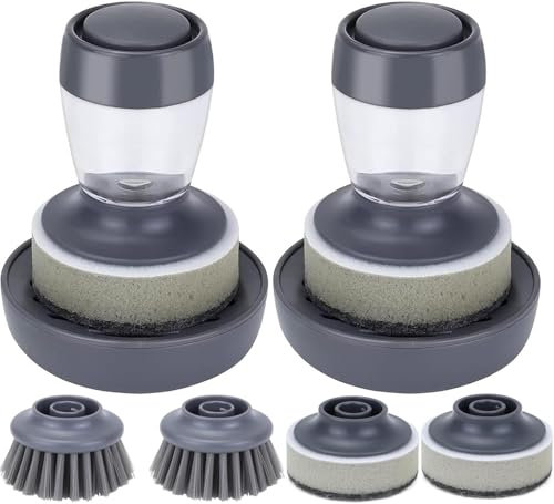 Lot de 2 Brosses à Vaisselle Avec Distributeur de Liquide Intégré - 4 Pièces de Rechange Incluses - Brosse de Nettoyage à Presser