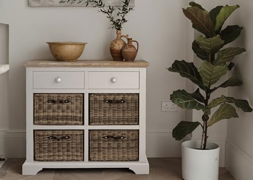 Florence White Sideboard, 2 Drawers, 4 Removable Storage Baskets, Acacia Wood Top | 42D x 96W x 85H cm | Fully Assembled Dining Living Room Furniture (white)