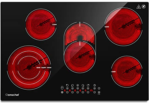 AMZCHEF Glaskeramikkochfeld 5 Zonen, Elektrokochfeld 77cm mit 9 Leistungsstufen, Dreifach- und Bräterzone,Abschaltautomatik, Sicherheitsschloss,Timerfunktion,7295W