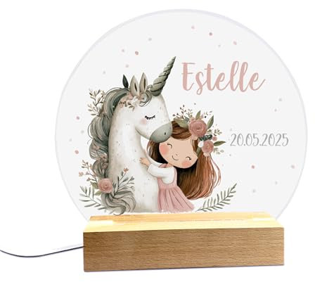 Herz & Heim® LED Nachtlicht mit niedlichem Design personalisierbar mit Wunschname & Datum (Einhorn)