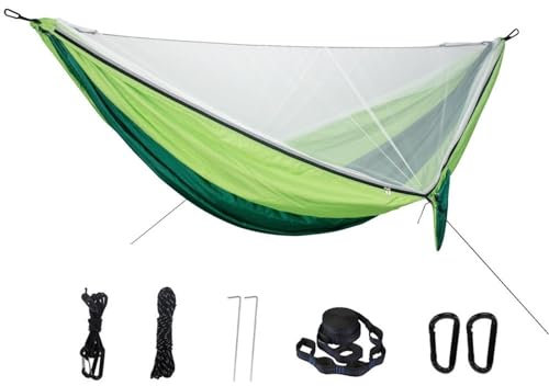 Hamac de Camping Hamac de Voyage Hamac moustiquaire pour Double Personne, Facile à Installer, 290x140cm, avec 2 Sangles d'arbre, Portable, pour Camping, Cour de Voyage(Dark Green-Green)