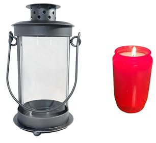Mariles Laterne mit Griff zum Stellen wetterfest Grablaterne Grablicht Grableuchte Friedhofslaterne Windlicht Gartenlaterne Gartenlicht Garten Grab - Silber/Rote Kerze - 21 cm