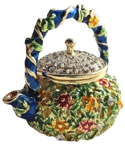 zltSunshine Vintage Enamel Teapot Jewelry Box - Hand-Painted Metal Trinket Organizer with Rhinestones Unique Ring Holder & Collectible Home & Office Decor Gift for Women Blue
