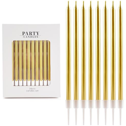 Geburtstagskerzen für Kuchen, 24 Stücke Golden lange dünne Party-Kerzen, Happy Birthday-Kerzen,Kuchen-Cupcake-Kerzen für Mädchen, Jungen, Männer, Frauen, Geburtstag, Hochzeit, Dekorationen