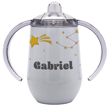 Marquage Unique Tasse d'Apprentissage Bébé avec Double Poignée, Personnalisable au prénom, Motifs Étoiles et Lapin, Couvercle Anti-Fuite, Gobelet Isotherme