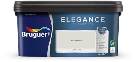 Bruguer Elegance Pintura Monocapa Extra Mate para Paredes y Techos, Interior y Exterior protegidos, Ultra Lavable, Resistente al Desgaste y Manchas, Con conservante Antimoho, Blanco Espuma 4 L