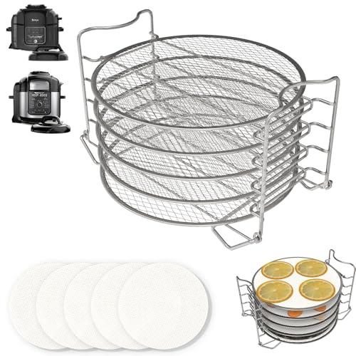Foodi Dehydrator Rack & Dehydrator Sheets for Ninja Foodi Air Fryer 6.5/8 Quart and Pressure Cooker, Drying Rack for Instant Pot Accessories 8 Qt, Stainless Steel Stand with 5 Packs Dehydrating Mats