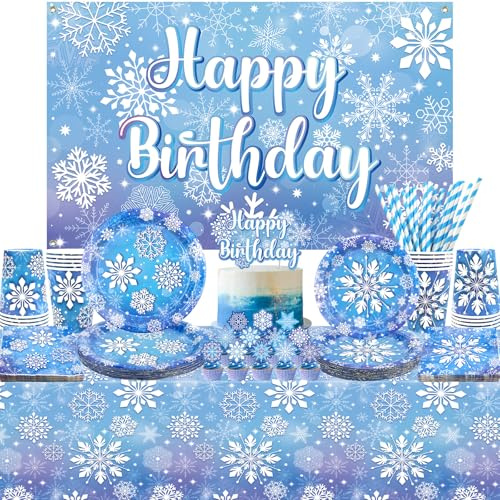 Winter Schneeflocke Partydekorationen, einschließlich Happy Birthday-Hintergrund, Kuchendekorationen, Geschirr, Tischdecken für eine Schneeflocke Winterwunderland Party, für 20