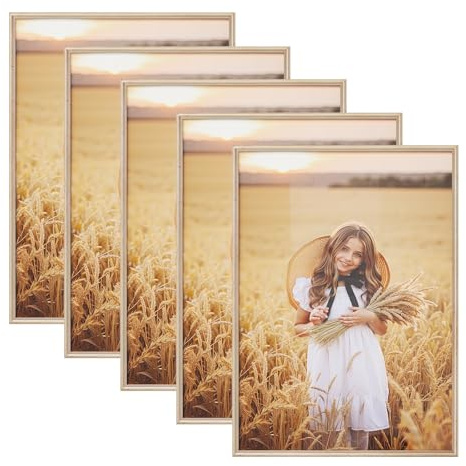 WOLTU Bilderrahmen 50x70, 5er set, Massivholz Fotorahmen mit Passepartout | Gold, Front aus PS-Platte, Posterrahmen zum vertikalen oder horizontalen Aufhängen und Aufstellen, Collage Wanddeko