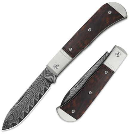 Kizer Trestle D Taschenmesser, Damaskus Klinge Outdoor EDC Klappmesser | 7,5 cm Drop Point Klinge Outdoor Messer mit Silber-Aluminium und Braunem Leopardholz Griff, EDC Survival Messer V3760A3