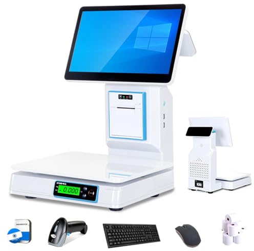 LADECNERHT Kassensystem Mit Einzelhandelswaage, 15,6-Zoll-Kapazitivem Touchscreen, Kassenterminal Mit Handscanner Und 10 Papierrollen, Tastaturkasse, Drucker, Für Restaurants Singlescreen