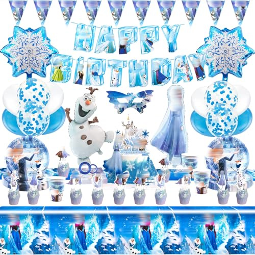 Geburtstagsbedarf Eis und Schnee 74 Stück Frz Geburtstagsparty Deko 3 4 5 6 7 Jahre, Eiskönigin Geburtstagsdeko Geschirr Set, Happy Birthday Girlande Tortendeko Luftballons Tischdecke Pappteller
