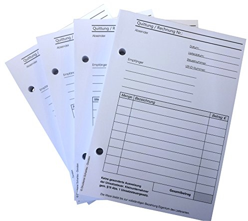 Druckerei Scharlau 16x Block Quittung für Kleinunternehmer nach §19 - nicht durchschreibend - 100 Blatt DIN A6 Hochformat - gelocht - (22421) - Weiß - Papier - Quittungsblock - Klassisch