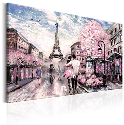 B&D XXL - Wandbilder XXL 90x60 cm 1 tlg - Wand Deko Vlies Leinwand Bilder Groß Wanddeko Wohnzimmer Schlafzimmer Kunstdrucke - Paris Frankreich Eiffelturm Landschaft wie gemalt rose