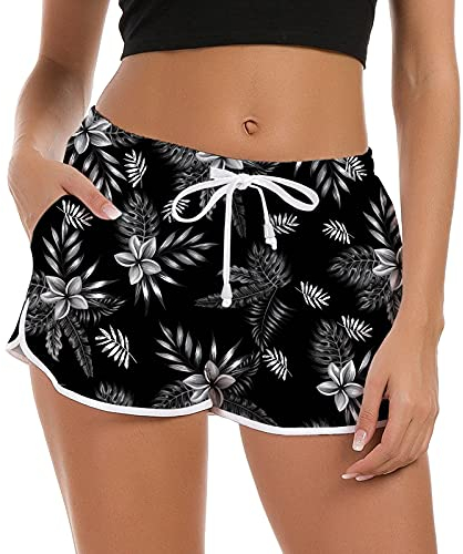 Fanient Damen Damen Junior Mädchen Hawaii Hotpants Shorts Badehose 3D-Blattblume Druck Hawaii-Stil Badehose Unterteil Sommershorts Schnell trocknend Loungewear Shorts zum Laufen Yoga S