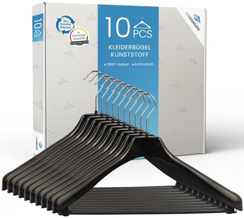 RSR Hangers Kleiderbügel 10 Stück Anzugbügel 2- Teiler Jackenbügel Sakkobügel EU 45 cm Schwarz mit Hosensteg | Blazer | Kunststoff | 360° drehbarer Haken| Anti-Rutsch | Schwarz | breite Schultern