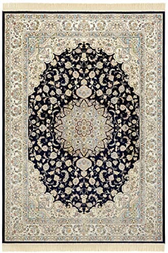 Nouristan Naveh Orient Teppich – Wohnzimmerteppich Orientalisch Kurzflor mit Fransen Vintage Orientalischer Samt-Teppich für Esszimmer, Wohnzimmer, Schlafzimmer – Dunkelblau Creme, 135x195cm