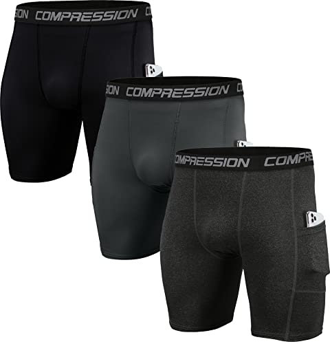 Holure Herren 3er Pack Funktion Kompression Shorts mit Taschen Schwarz/Kohlenschwarz/Grau L