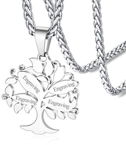 FaithHeart Custom Engraved Silver Necklaces for Family, Personalised Tree of Life Necklace for Woman, Stainless Steel 4 Names Custom Pendant Team Necklace Member Necklaces