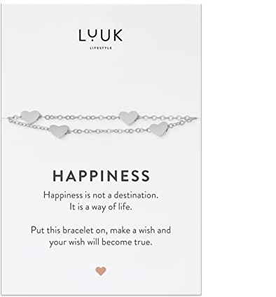LUUK LIFESTYLE Moderne Edelstahl Damen Armbänder mit Anhänger, HAPPINESS Spruchkarte, filigraner Damenschmuck, Geschenkidee, Glücksbringer, Gold, Silber und Roségold