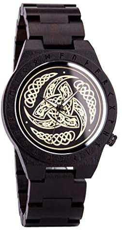 YCYR Holzuhr Für Männer, Nordisches Wikinger Horn Von Odin Rune Quarzuhren, Mit Verstellbarem Armband Für Geburtstag Jubiläumsgeschenk Für Ehemann, Vater, Sohn Oder Freund