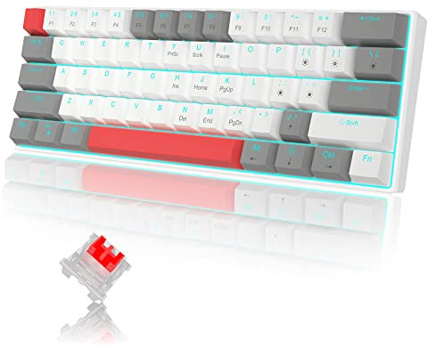MageGee 60% Mechanical Gaming Keyboard, STAR 61 Compact Blue LED Backlit Wired Keyboards with Detachable USB Type-C Cable, Portable Full Keys Anti-ghosting Gaming Keyboard-Grey & White/Red Switch