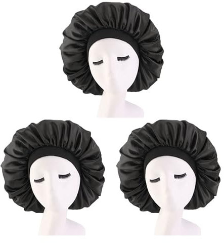DEPHNARSA 3PCS Extra Large Sleep Cap Jumbo Cap Large Satin Bonnet with Comfort Elastic Band (A-Black 3PK)