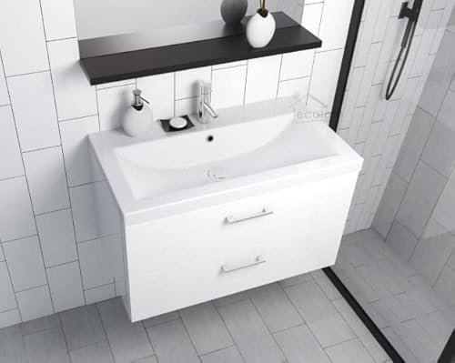 ECOLAM Badmöbel Waschtisch Waschbecken Como 80 cm + Schrank Lara Waschbecken mit Unterschrank 2 Schubladen weiß + Click Clack + Flaschensiphon, modernes Design