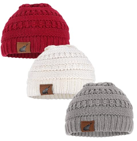 Budding Bear Mütze Baby [3er-Pack] - Weiche & Bequeme Strickmütze Kinder - Unisex Kleinkind & Baby Mütze Mädchen & Jungen - Hautverträgliche Baby Mütze Winter aus Acryl in Beige, Weinrot & Grau