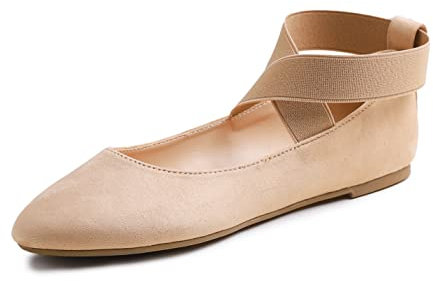 Feversole Women's Stretchy Elastic Ankle Straps Ballet Flats Shoes Nude Suede Size 6 UK