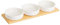 Juego de 3 platos de aperitivo blancos de porcelana con bandeja de bambú natural de 33x10 cm