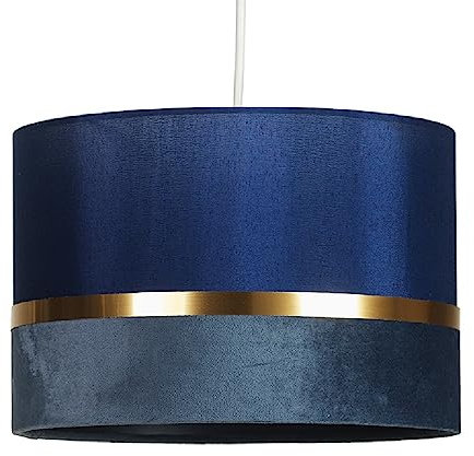 Navy Blue Velvet & Fabric Vintage Easy Fit Drum Pendant Shade with Gold Metallic Band | 30cm Diameter (12) | None Electric Ceiling Lampshade | Fits All Lampholder Types E14 E27 B15 B22