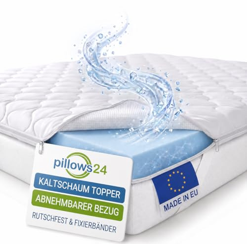 Pillows24 Topper 90x200cm, Kaltschaum, 6cm hoch, Anti-Rutsch, Waschbar