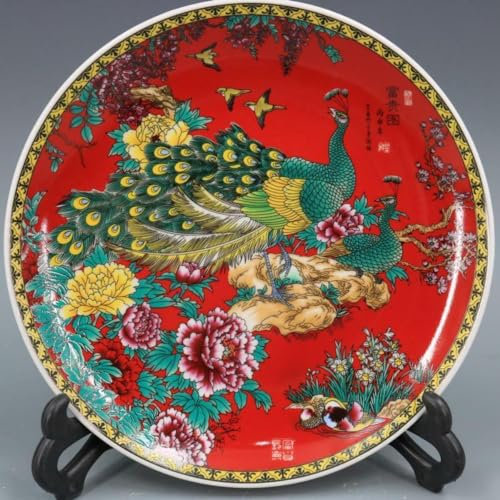 Plato de porcelana china esmaltada roja Qing Qianlong con diseño de flor de pavo real de 20,8 cm
