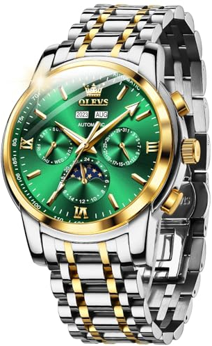 OUPINKE Herrenuhr Automatik Mechanische Armbanduhr Grün Zifferblatt mit Mondphase Wasserdicht Luminous Tag Datum Zweifarbige Edelstahlarmband