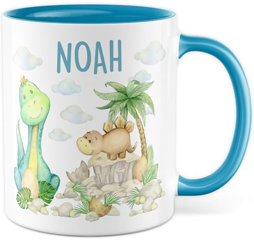 Dino Tasse personalisiert - Geschenk Dinosaurier Becher für Kinder - Kakaotasse 330ml aus Keramik - Kind Junge Geschenkidee süße Dinotasse eigener Name Kindergarten-Tasse (Weiß/Blau)