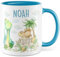 Dino Tasse personalisiert - Geschenk Dinosaurier Becher für Kinder - Kakaotasse 330ml aus Keramik - Kind Junge Geschenkidee süße Dinotasse eigener Name Kindergarten-Tasse (Weiß/Blau)