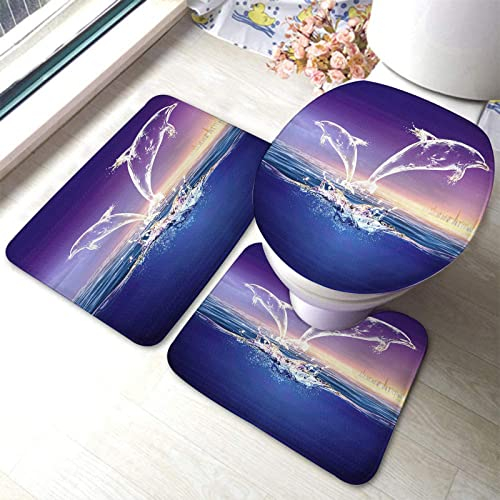 Set 3 Teilig Badvorleger Delphin Springt Aus Dem Meer Konturmatte Anti-Rutsch Badgarnitur Badematten, Für Dusche, Spa