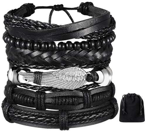 BBTO 6 Halloween Geflochtene Lederarmbänder Verstellbare Wickelarmbänder für Herren Damen Schwarze Lederarmbänder Breite Armbänder Gothic Punk Rock Accessoires für Kostüm Geschenk (Feder Stil)