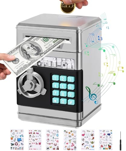 Birshe Elektronische Spardose Kinder Safe,Spardose Number Bank Spardosen für Kinder Tresor Digitale ATM Sparschwein Spardose Groß mit Niedlichen Aufklebern Weihnachts Geburtstags Geschenke Silbrig