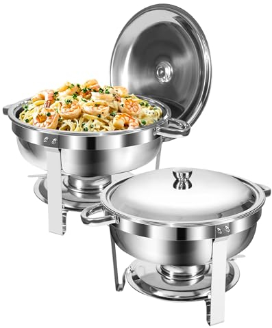 Chafing Dish Buffet Set 5L, 2 Pack Food-Grade Stainless Steel Round Chafing Dishes [Rolled Edge Design], Food Warmer Buffet with Lid Holder for Catering Buffet and Any Party,Silver