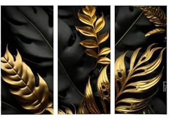 AREDE 3er Set Wandkunst Gemälde Bild Poster Tropische Blätter in Schwarz und Gold | 90 x 60 cm | Wandbilder Wanddekoration Home Office Wohnzimmer Schlafzimmer Dekoration | Fertig zum Aufhängen