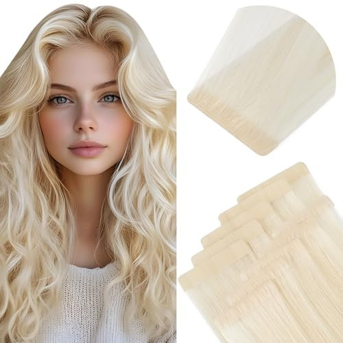 Elailite Injected Tape in Hair Extensions Human Hair - Invisible Skin Weft Remy Natural Real Hair Extension Straight 10 Pcs 20g - #60 Platinum Blonde - 14 Inch