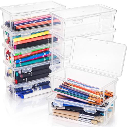 Covzoe 12 Packs Clear Pencil Box, Plastic Pencil Case with Lid, Storage Boxes Bulk Stackable Design, Durable Office Supplies Organizer for Crayon pencil, Craft, Brush