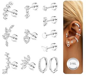 JeweBella 12Pcs Helix Piercings Chirurgenstahl Ohrringe für Damen Silber Gold Ohr Piercing Ohrstecker Klein Creolen Knorpel Ohrringe Piercing Set Conch Helix Tragus Piercing Ohr Schmuck