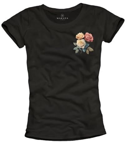 MAKAYA Damen T-Shirt mit Rosenmotiv Kurzarm Top Rosen Print Rosenmuster Rosendruck Frauen Schwarz XL